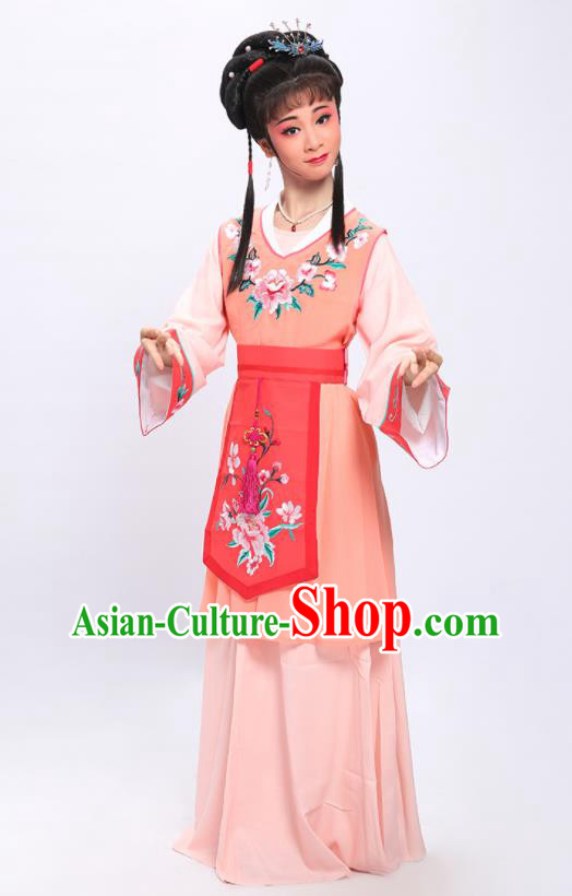 China Traditional Yue Opera Young Lady Garment Costumes Shaoxing Opera Servant Girl Light Orange Dress Clothing and Headpieces
