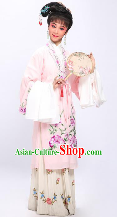 China Shaoxing Opera Noble Beauty Embroidered Peony Pink Cloak Clothing Traditional Yue Opera Hua Tan Garment Costumes and Headwear