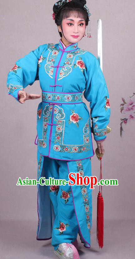 China Traditional Peking Opera Blues Dao Ma Dan Garment Costumes Shaoxing Opera Martial Arts Woman Blue Dress Clothing