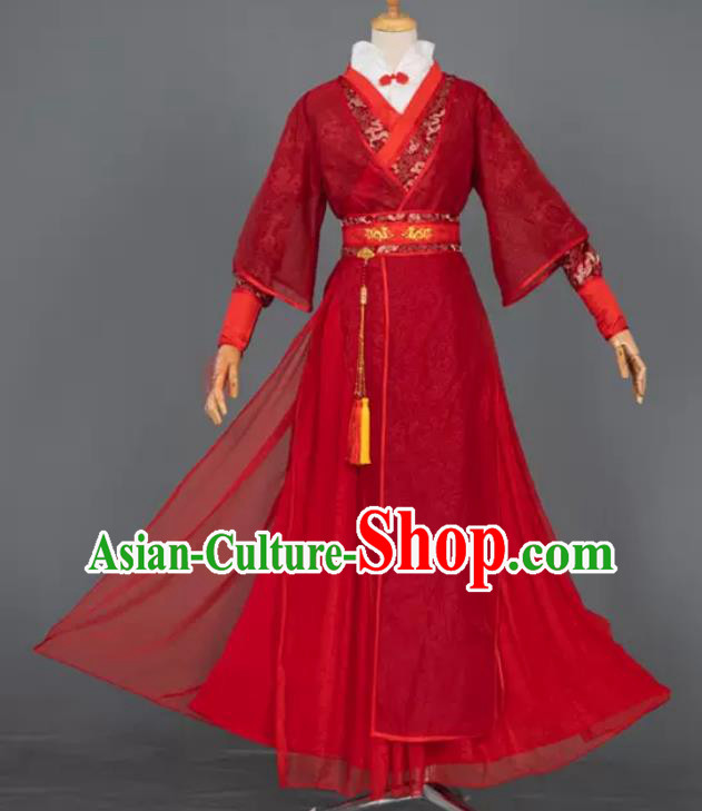 China Cosplay Swordsman Red Apparels Ancient Prince Garment Costumes Traditional Wedding Hanfu Clothing