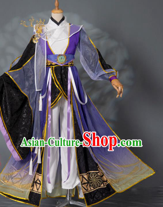 China Ancient Young Childe Garment Costumes Traditional Hanfu Clothing Cosplay Swordsman Purple Apparels