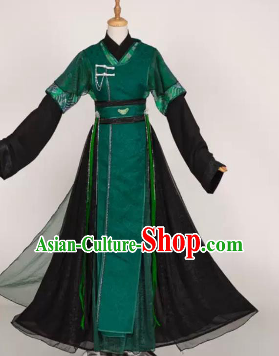 China Ancient Prince Garment Costumes Traditional Hanfu Clothing Cosplay Swordsman Qi Rong Deep Green Apparels