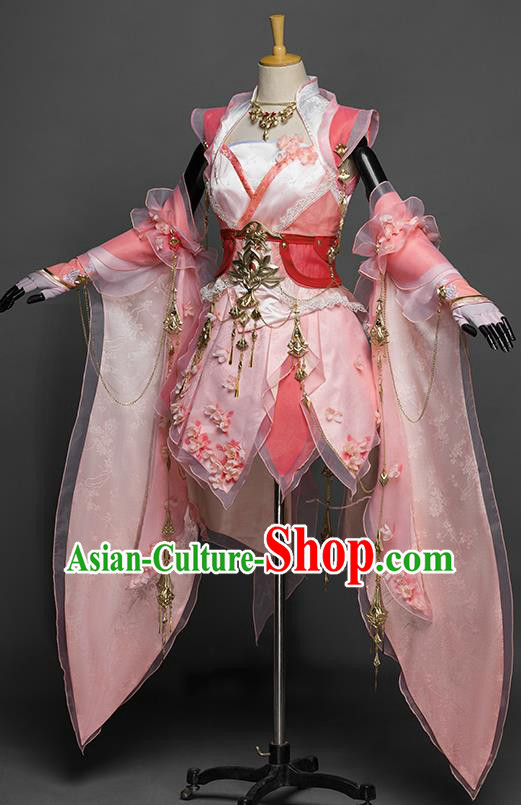 China Ancient Princess Garment Costumes Game Jian Xia Qing Yuan Young Lady Clothing Cosplay Fairy Pink Short Dress