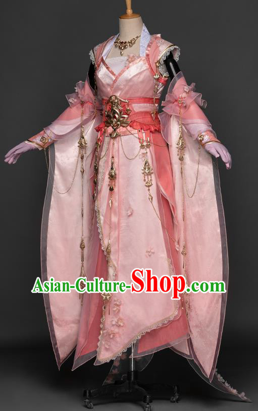 China Cosplay Fairy Pink Long Dress Ancient Princess Garment Costumes Game Jian Xia Qing Yuan Xiu Niang Clothing