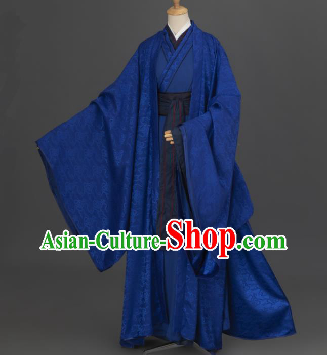 China Cosplay Prince Garment Costumes Traditional Hanfu Apparels Ancient Young Childe Deep Blue Clothing