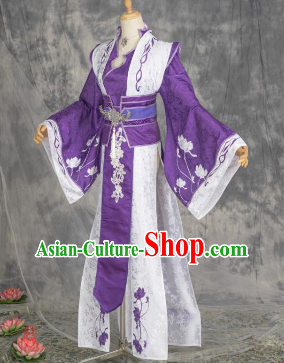 China Traditional Xian Xia Hanfu Dress Apparels Ancient Swordswoman Purple Clothing Cosplay Taoist Nun Garment Costumes