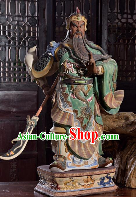 Chinese Shi Wan Ceramic Figurine Green Robe Guan Yu Porcelain Statue Arts Handmade Guan Gong Blade Sculptures
