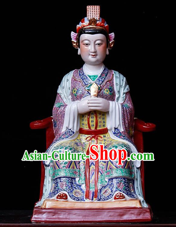 Handmade Shi Wan Porcelain Figurine Craft Goddess Ma Zu Statue Colorful Ceramics Heaven Queen Statue