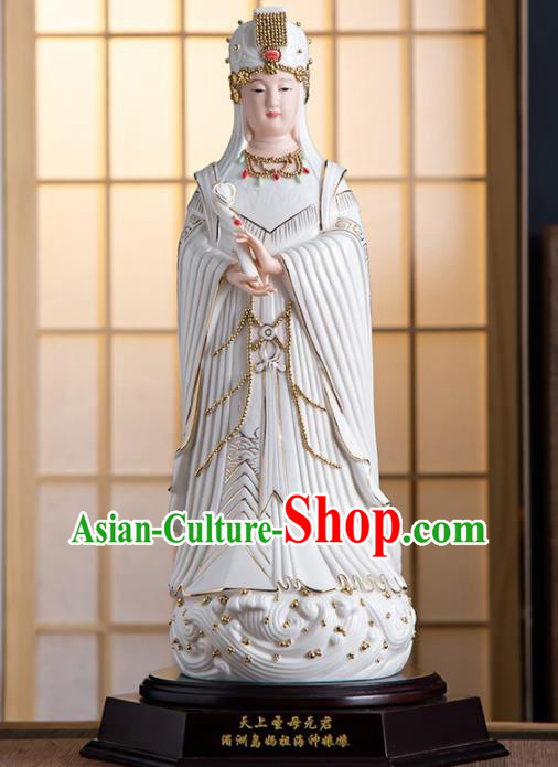 Handmade China White Ceramics Heaven Queen Statue Shi Wan Porcelain Figurine Craft Gold Drawing Goddess Ma Zu Statue