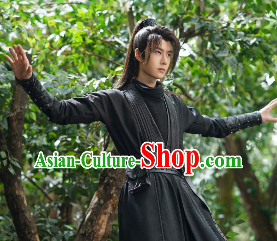China Ancient Swordsman Garment Costumes Traditional Black Hanfu Apparels Wuxia Drama The Legend of Fei Xie Yun Wang Yibo Clothing