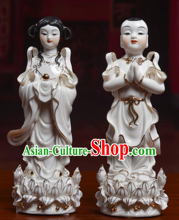 Chinese De Hua Ceramic Craft Handmade Dragon Girl Hong Hai Er Porcelain Statues