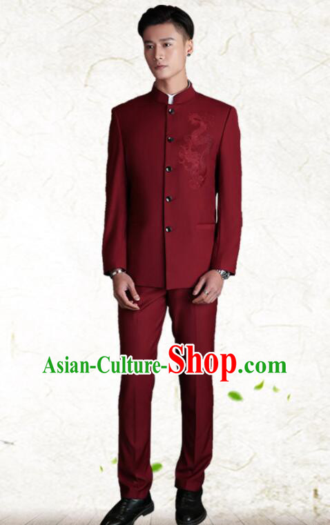 Chinese Traditional Wedding Suits Embroidered Dragon Groom Costumes Zhongshan Clothing Wine Red Tang Suits