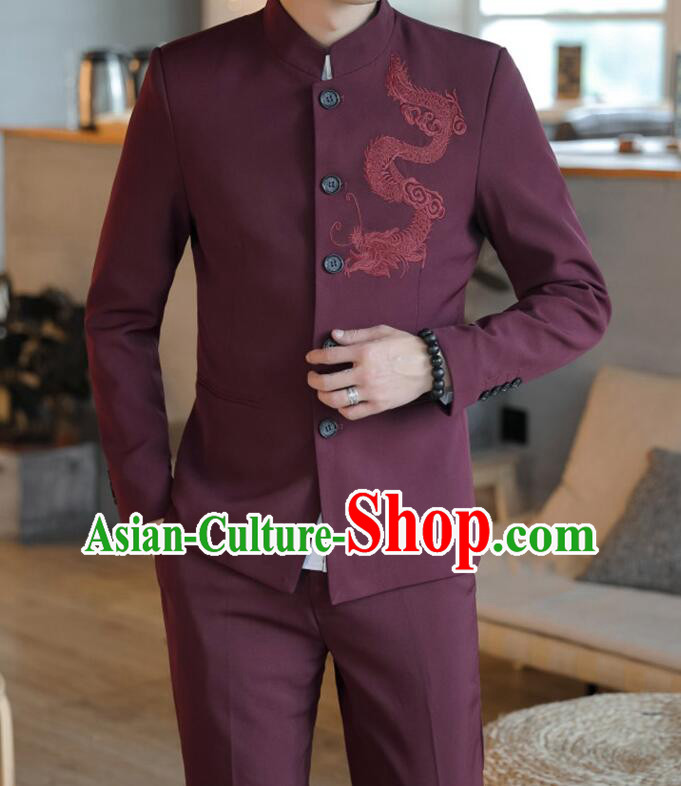 Chinese Zhongshan Groom Clothing Traditional Tang Suits Wedding Suits Embroidered Dragon Costumes