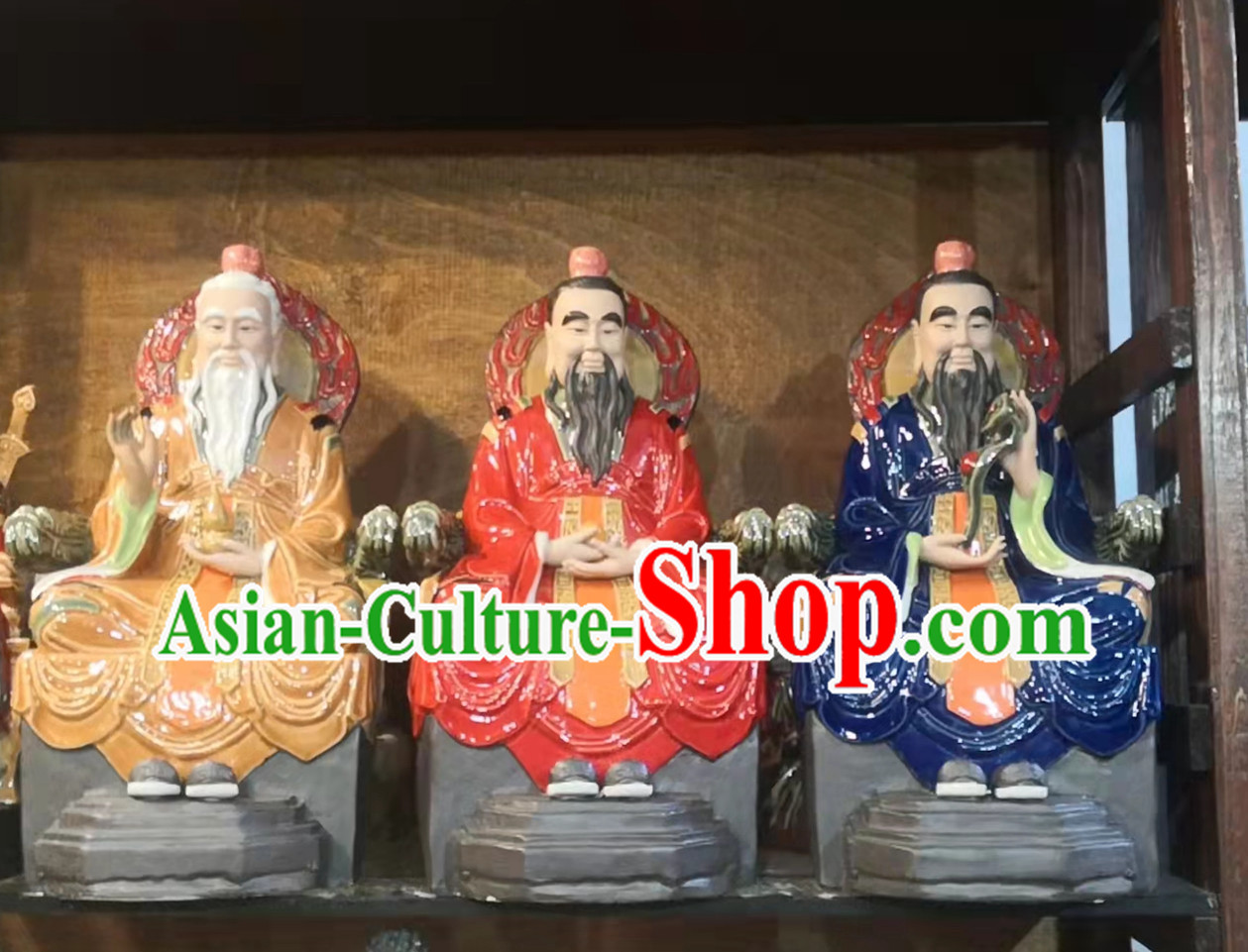 Chinese San Qing Porcelain Statues Handmade Arts Shi Wan Ceramic Three Gods Figurine