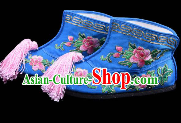 Chinese Beijing Opera Wudan Embroidered Boots Swordswoman Embroidery Peony Boots Traditional Opera Deep Blue Shoes