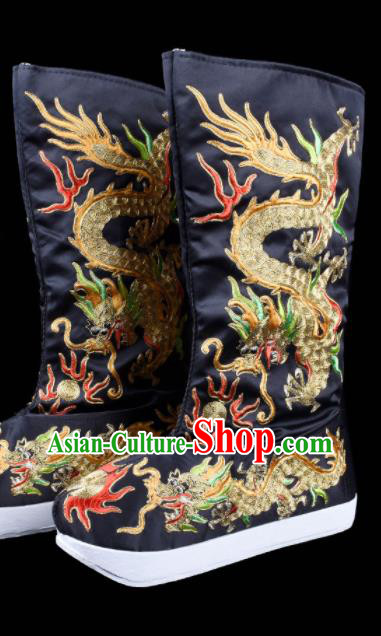 Chinese Sichuan Opera Face Changing Embroidery Shoes Traditional Bian Lian Dragon Boots Beijing Opera Black Embroidered Boots