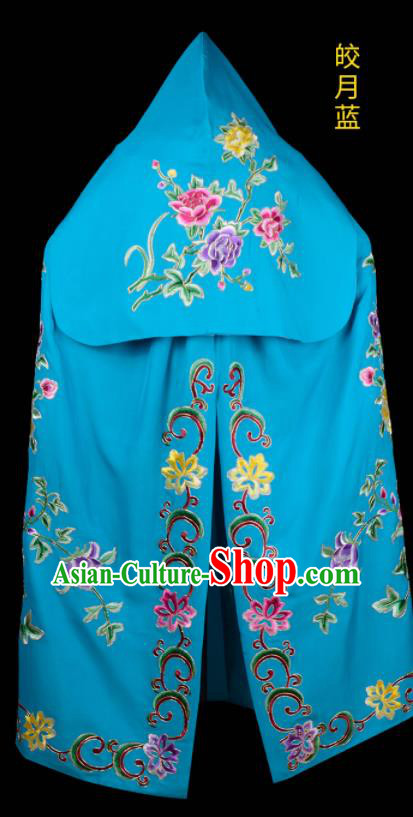 China Peking Opera Female General Mantle Garment Traditional Opera Embroidered Blue Cape Clothing Beijing Opera Wudan Costume