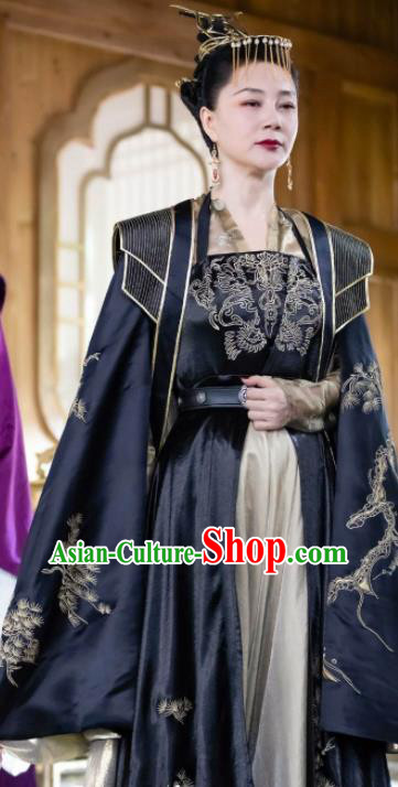 China Traditional Navy Hanfu Dress Drama The Romance of Tiger and Rose Clothing Ancient Queen Garment Costumes and Headdress