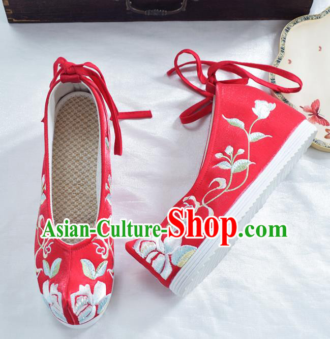 China Traditional Hanfu Bow Shoes National Wedding Red Cloth Shoes Embroidered Red Shoes