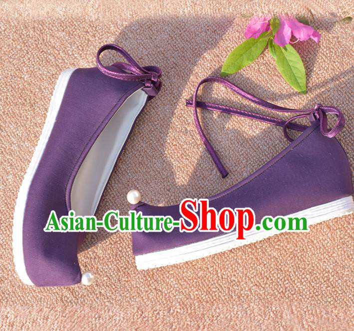 China Ancient Princess Purple Shoes National Women Bow Shoes Traditional Wedding Hanfu Shoes