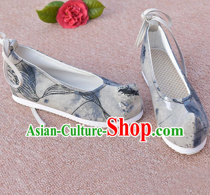 China Traditional Ming Dynasty Hanfu Bow Shoes National Grey Cloth Shoes Ancient Princess Shoes