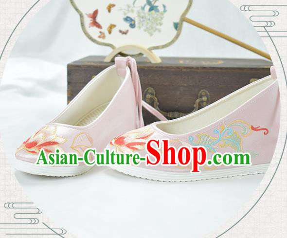 China Women Pink Cloth Shoes National Embroidered Lotus Shoes Traditional New Year Shoes