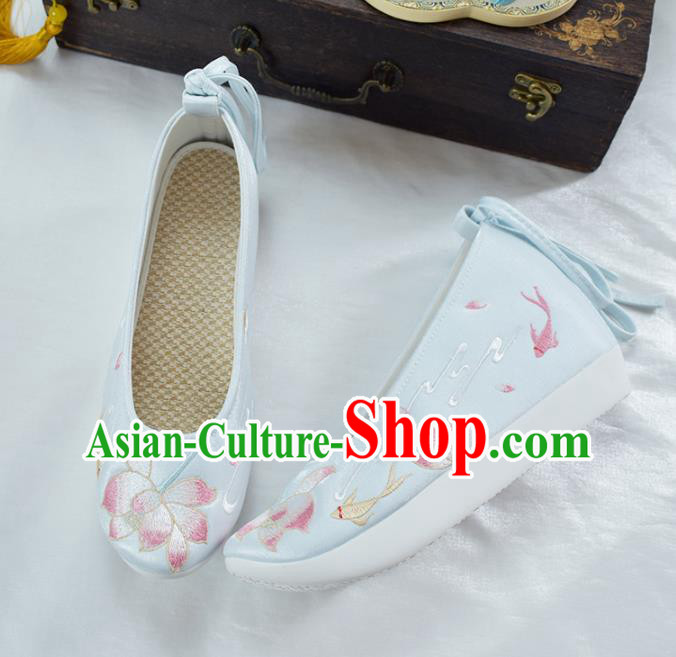 China National Lantern Festival Shoes Traditional Embroidered Lotus Shoes Women Light Blue Cloth Shoes