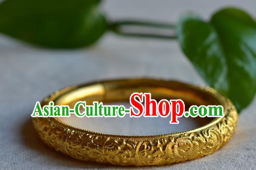 China National Carving Peony Golden Bracelet Jewelry Traditional Handmade Qing Dynasty Bangle Accessories