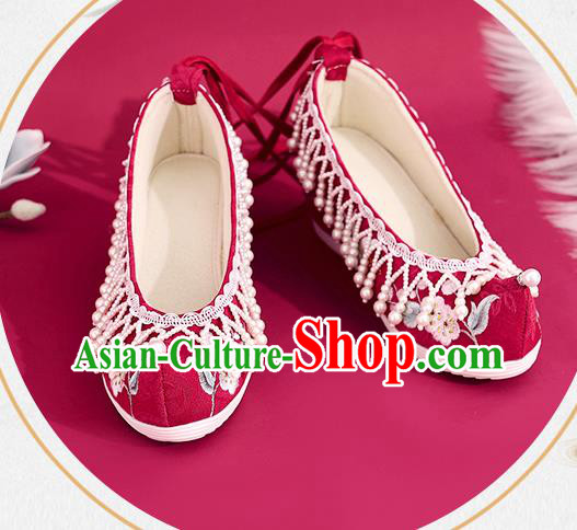 China Red Embroidered Shoes Princess Shoes Traditional Beads Tassel Shoes National Cloth Shoes