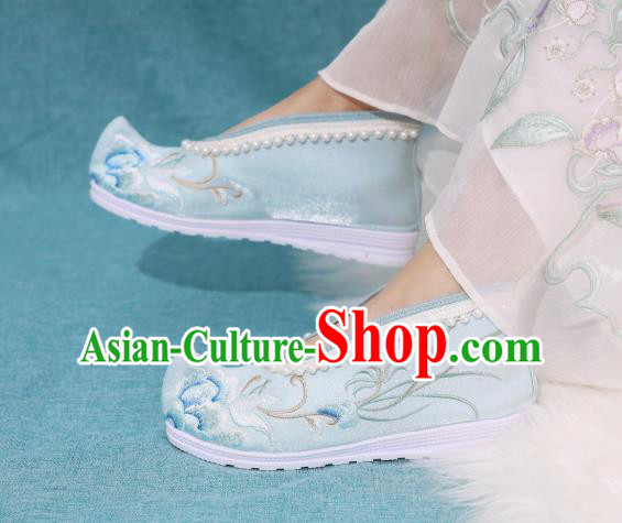 China Ancient Embroidered Shoes National Light Blue Cloth Shoes Traditional Ming Dynasty Princess Shoes