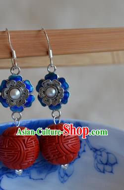 Chinese Ancient Empress Cloisonne Silver Ear Jewelry Traditional Carved Lacquerware Earrings Pearl Accessories