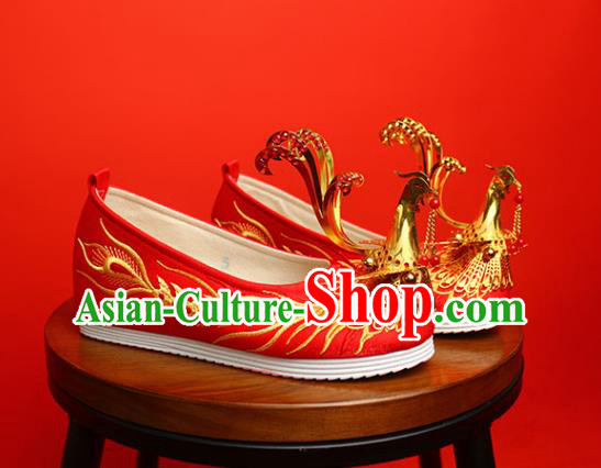 China Golden Phoenix Shoes Traditional Wedding Shoes Handmade Bride Red Satin Shoes