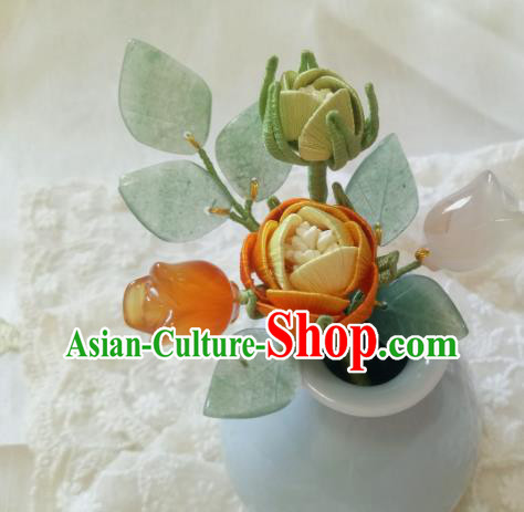Chinese Traditional Hanfu Jade Leaf Hairpin Hair Accessories Ancient Princess Yellow Rose Hair Stick