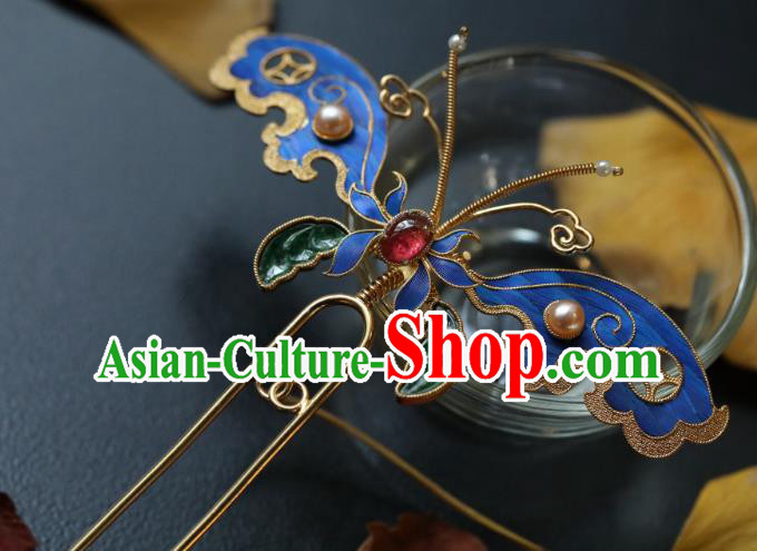 Chinese Handmade Hair Accessories Ancient Ming Dynasty Empress Cloisonne Butterfly Hair Stick Traditional Court Jade Hairpin