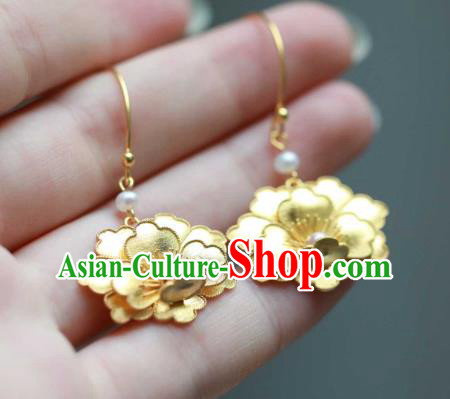 Chinese Traditional Ming Dynasty Golden Peony Earrings Accessories Ancient Empress Pearls Ear Jewelry