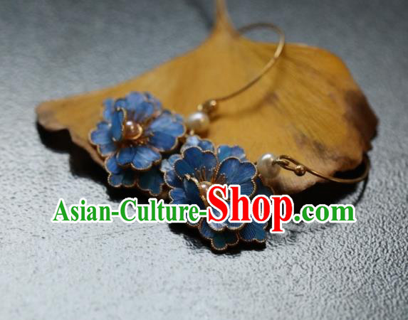 Chinese Traditional Qing Dynasty Court Woman Pearls Earrings Accessories Ancient Empress Cloisonne Peony Ear Jewelry