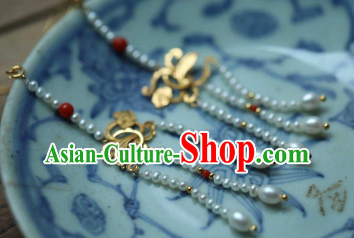 Chinese Traditional Court Golden Cloud Earrings Accessories Ancient Ming Dynasty Pearls Tassel Ear Jewelry