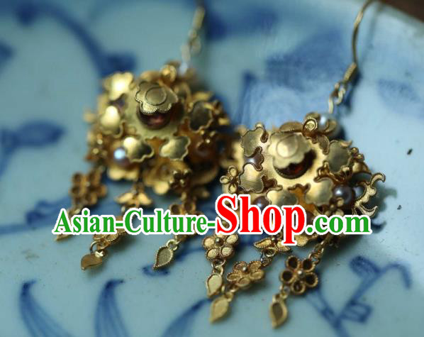 Chinese Traditional Amethyst Earrings Accessories Ancient Ming Dynasty Golden Plum Tassel Ear Jewelry