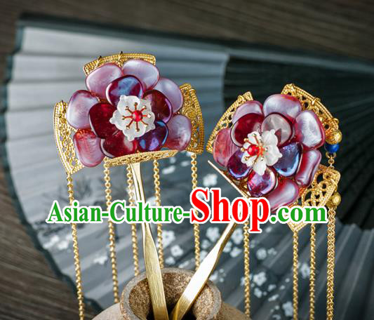 Chinese Ancient Princess Red Plum Hair Stick Traditional Ming Dynasty Golden Tassel Hairpin