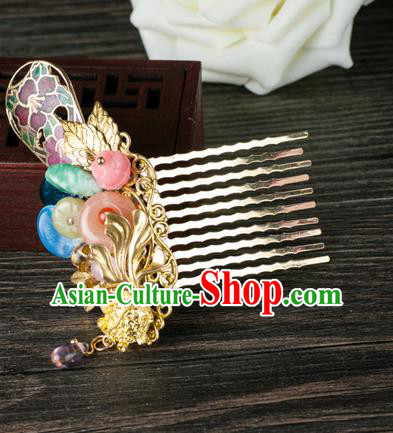 Chinese Ancient Court Princess Cloisonne Hair Comb Traditional Ming Dynasty Palace Lady Rose Quartz Hairpin