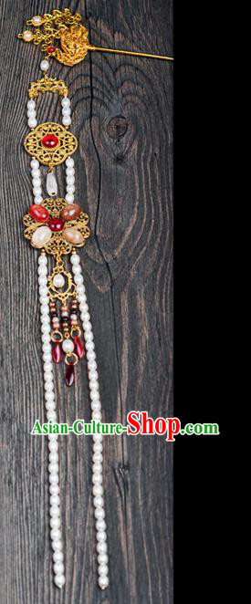 Chinese Ancient Queen Pearls Tassel Hair Stick Traditional Ming Dynasty Empress Golden Phoenix Hairpin