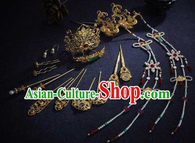 Chinese Ancient Wedding Hair Accessories Traditional Ming Dynasty Empress Hair Crown and Golden Phoenix Tassel Hairpin