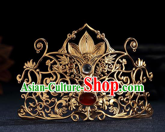 Chinese Ancient Queen Hair Accessories Traditional Ming Dynasty Empress Golden Lotus Hair Crown