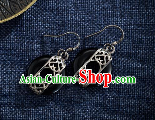 Chinese Traditional Silver Earrings Accessories National Cheongsam Dark Jade Ear Jewelry