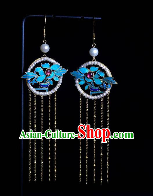 Chinese Traditional Jewelry Qing Dynasty Empress Long Tassel Earrings Ancient Queen Pearls Ear Accessories
