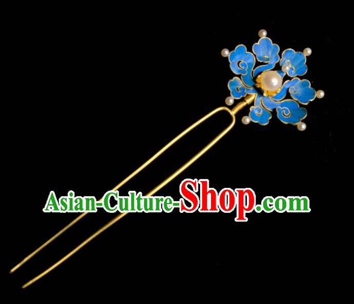 Chinese Ancient Court Queen Pearls Hair Jewelry Traditional Qing Dynasty Empress Blue Cloud Hairpin