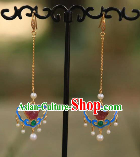 Chinese Traditional Tourmaline Jewelry Qing Dynasty Empress Blueing Earrings Ancient Queen Pearls Ear Accessories