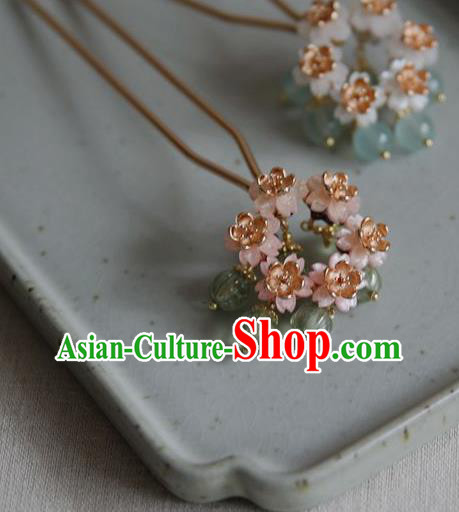 Chinese Handmade Hanfu Hairpin Traditional Ming Dynasty Hair Accessories Ancient Princess Pink Flowers Hair Stick