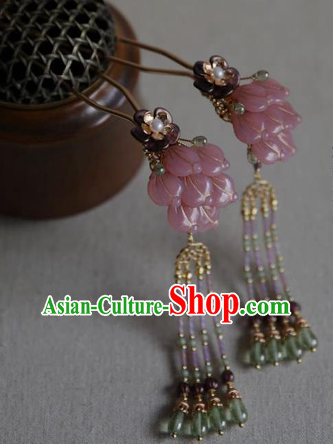Chinese Ancient Princess Beads Tassel Hairpin Traditional Ming Dynasty Hanfu Pink Flowers Hair Stick