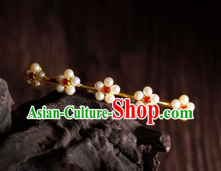 Chinese Ancient Empress Pearls Plum Blossom Hair Stick Traditional Ming Dynasty Queen Garnet Hairpin